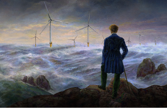 Historic sea painting with added wind turbines